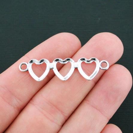 6 Heart Connector Antique Silver Tone Charms - SC4548