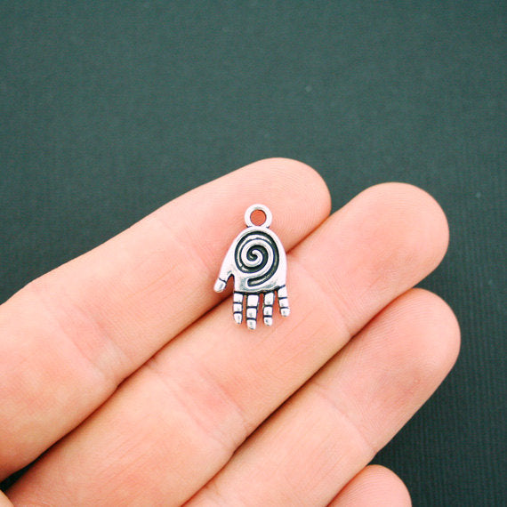 6 Heart in Hand Antique Silver Tone Charms 2 Sided - SC5661