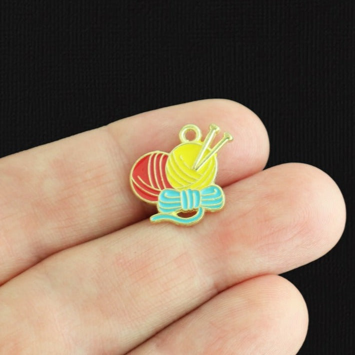 6 Knitting Needle and Yarn Gold Tone Enamel Charms - E709