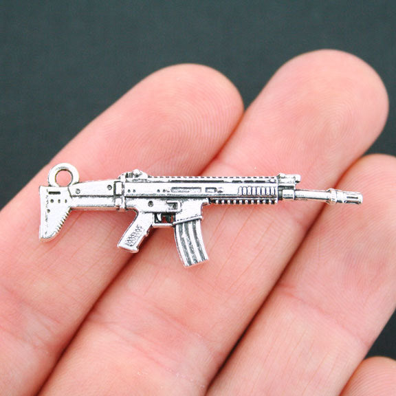 6 Machine Gun Antique Silver Tone Charms 2 Sided - SC4724