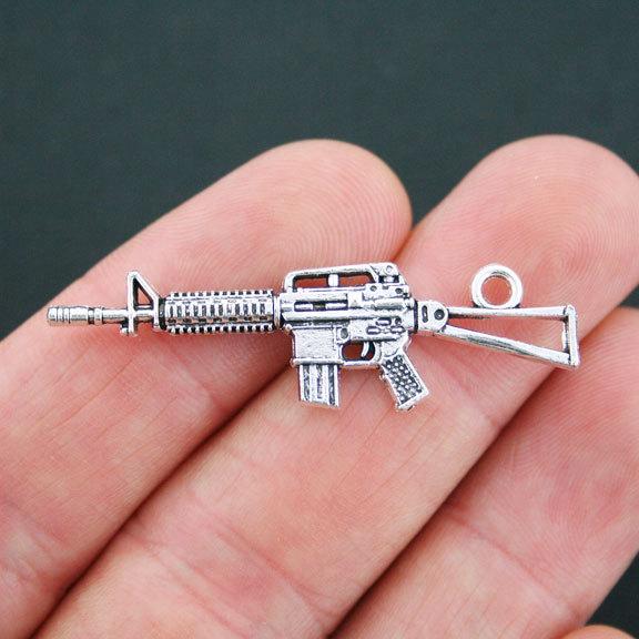 6 Machine Gun Antique Silver Tone Charms 2 Sided - SC5096