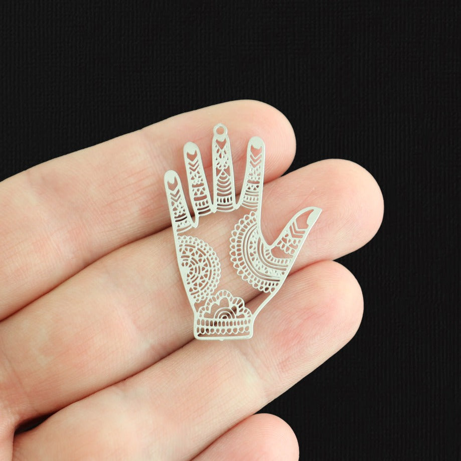 6 breloques en acier inoxydable ton argent Mandala Palm - SSP606