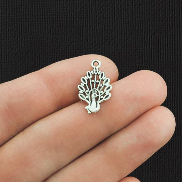 6 Peacock Antique Silver Tone Charms 2 Sided - SC2205