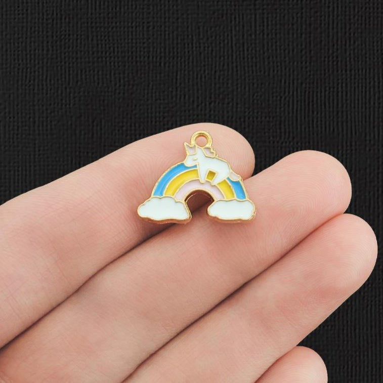 6 breloques en émail doré licorne arc-en-ciel - E886