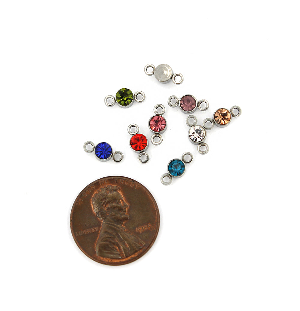 6 Rhinestone Drop Connector Silver Tone Stainless Steel Charms - FD243