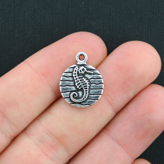 6 Seahorse Antique Silver Tone Charms 2 Sided - SC3422