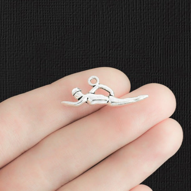 6 Swimming Antique Silver Tone Charms 2 Sided - SC484