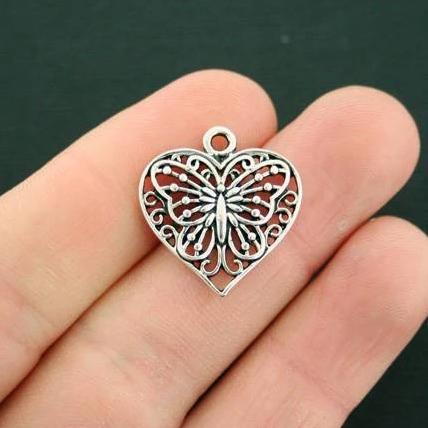 6 Butterfly Heart Antique Silver Tone Charms - SC6091