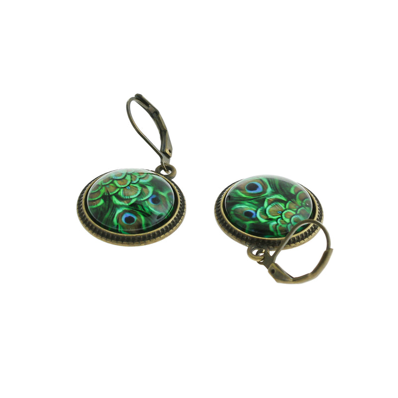 Peacock Glass Earrings - Antique Bronze Tone Lever Back - 2 Pieces 1 Pair - ER244