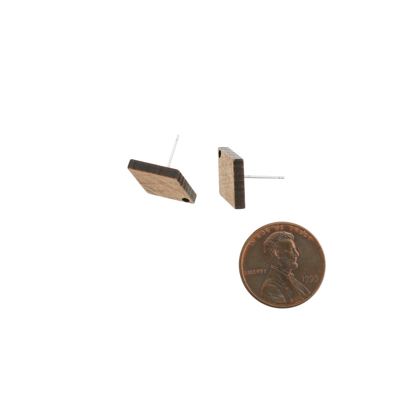 Wood Stainless Steel Earrings - Diamond Studs - 18mm x 12mm - 2 Pieces 1 Pair - ER022