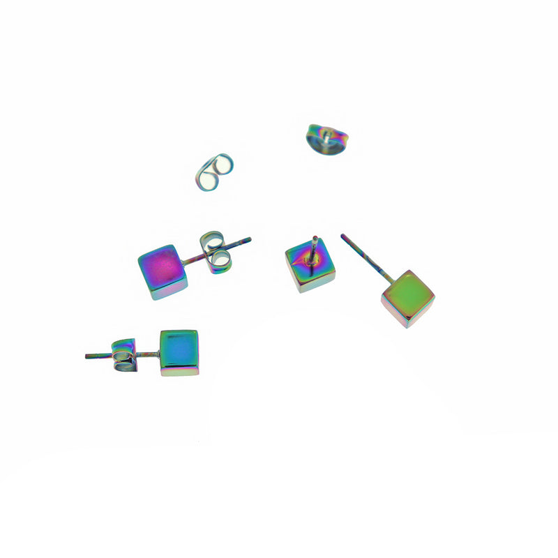 Rainbow Electroplated Stainless Steel Earrings - Square Cube Studs - 6mm - 2 Pieces 1 Pair - ER520