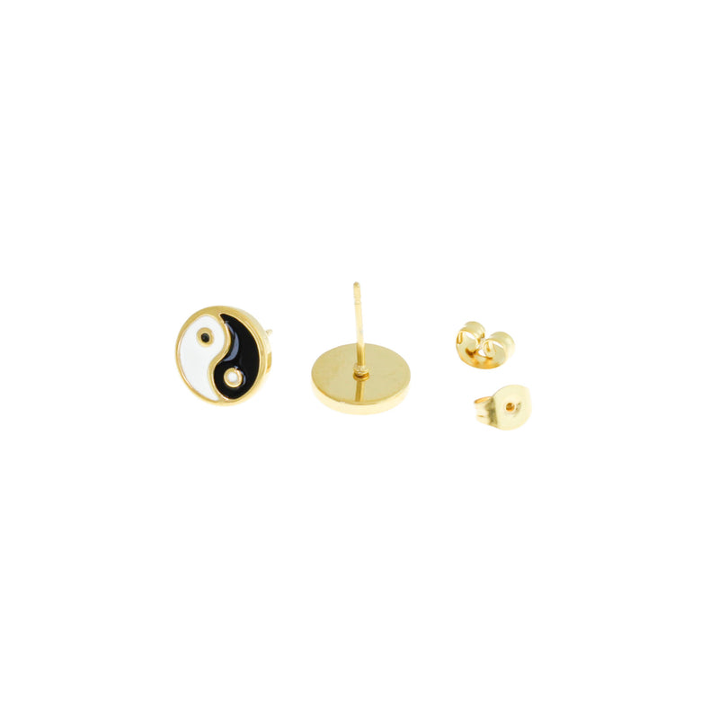 Gold Stainless Steel Earrings - Resin Yin Yang Studs - 10mm - 2 Pieces 1 Pair - ER201