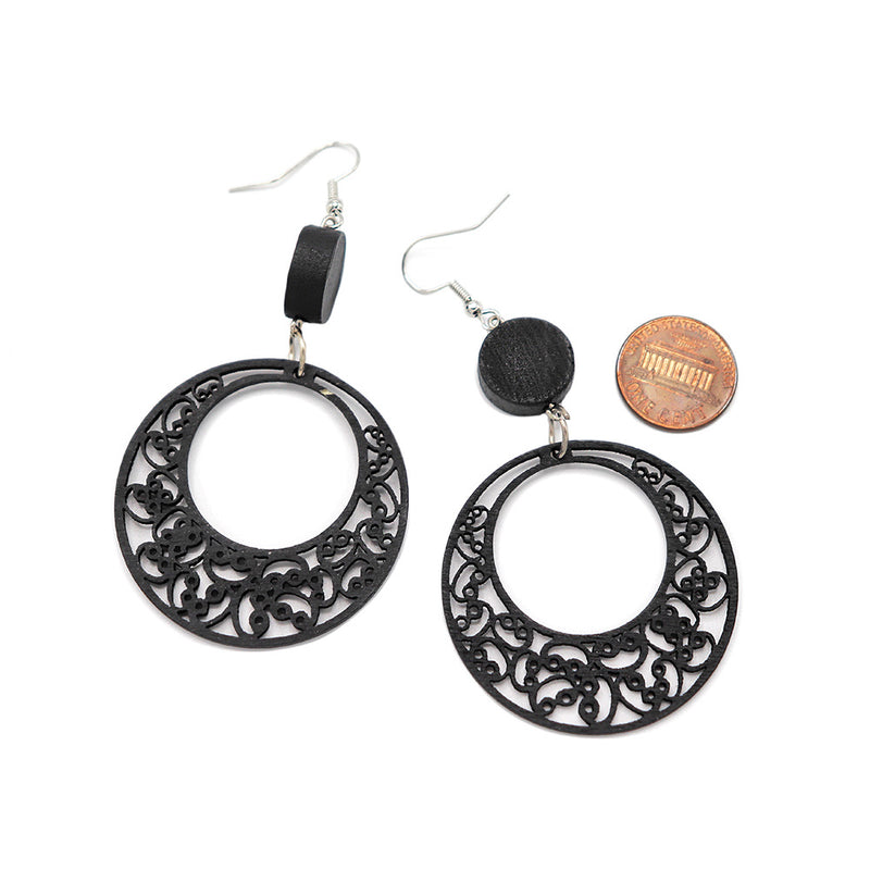 Black Wood Filigree Earrings - French Hook Style - 2 Pieces 1 Pair - ER262