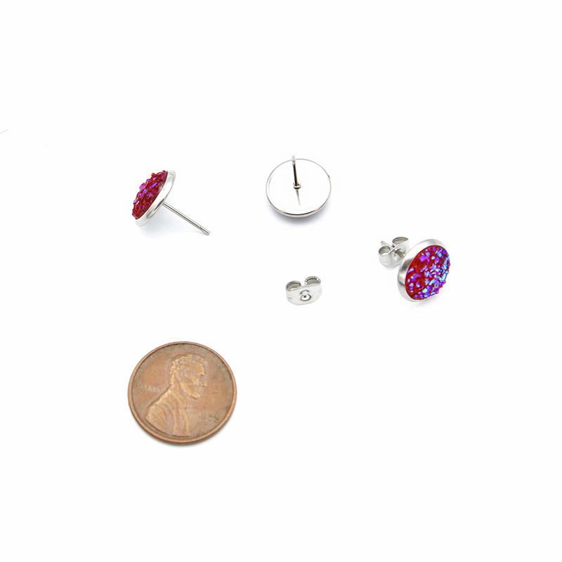 Purple Druzy Earrings - Stainless Steel Stud - 12mm - 2 Pieces 1 Pair - Z1655