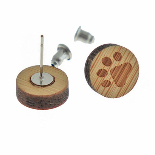 Wood Stainless Steel Earrings - Paw Print Studs -12mm - 2 Pieces 1 Pair - ER449