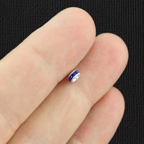 Rondelle Spacer Beads 4mm x 2.1mm - Silver Tone with Inset Royal Blue Rhinestones - 25 Beads - SC6102