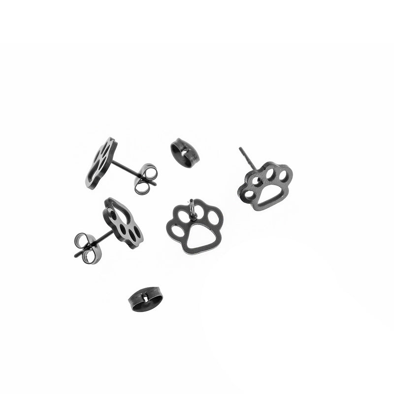 Gunmetal Black Stainless Steel Earrings - Paw Print Studs - 12mm x 11mm - 2 Pieces 1 Pair - ER444