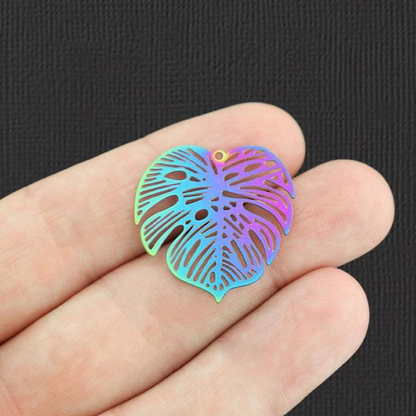 4 Tropical Leaf Rainbow Electroplated Stainless Steel Charms 2 Sided - SSP235