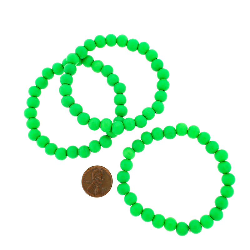 Round Wood Bead Bracelet - 56mm - Neon Green - 5 Bracelets - BB036