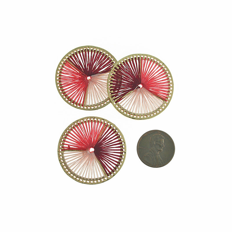 2 Pink Woven Round Gold Tone Pendants - TSP312