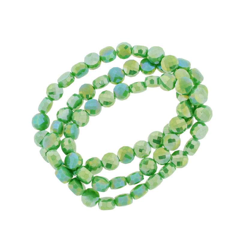 Faceted Flat Round Glass Beads 8mm x 5mm - Electroplated Green - 1 Strand 72 Beads - BD1490