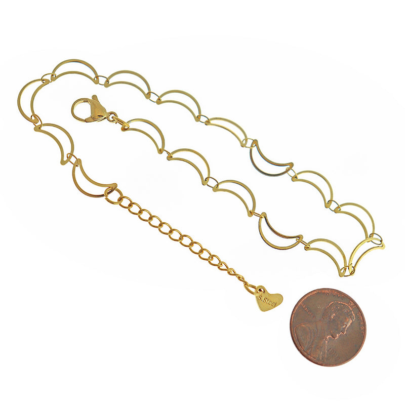 Gold Stainless Steel Crescent Moon Chain Bracelets 8" Plus Extender - 3mm - 5 Bracelets - N434