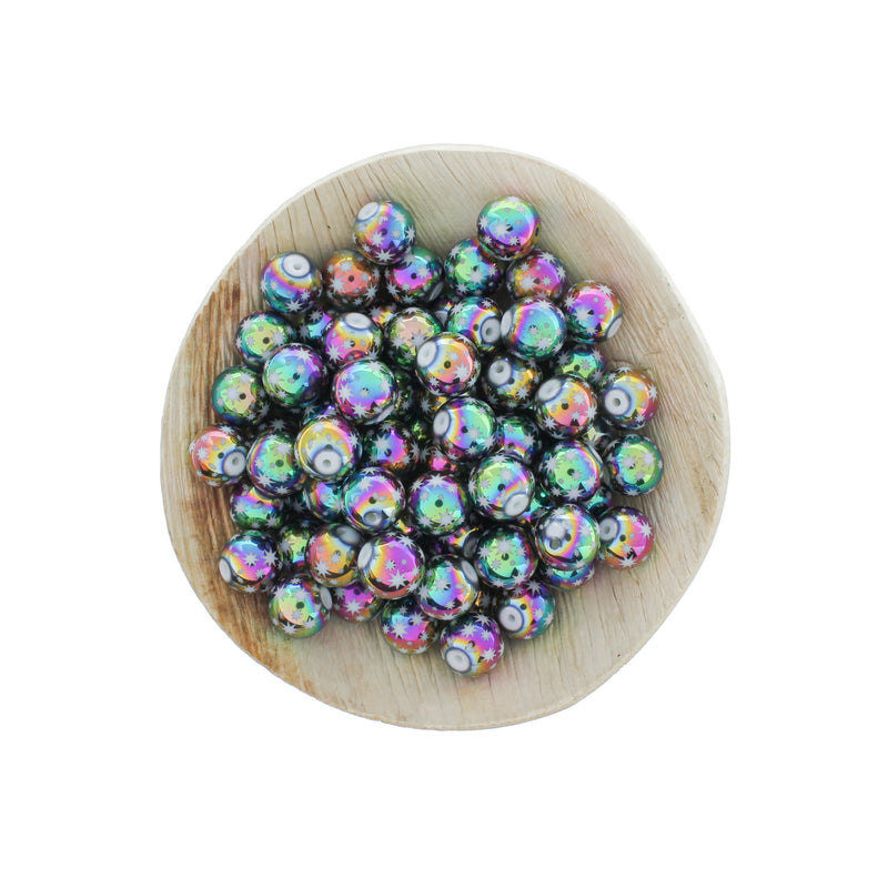 Round Glass Beads 10mm - Electroplated Rainbow Star Pattern - 20 Beads - BD107