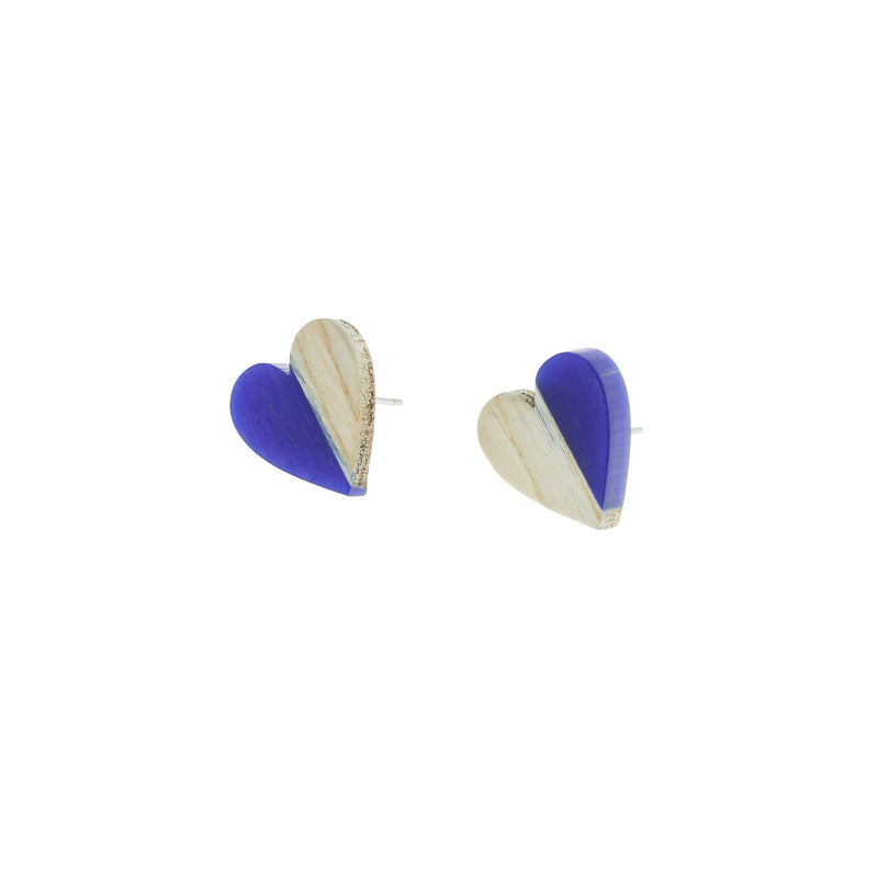 Wood Stainless Steel Earrings - Blue Resin Heart Studs - 15mm x 14mm - 2 Pieces 1 Pair - ER129