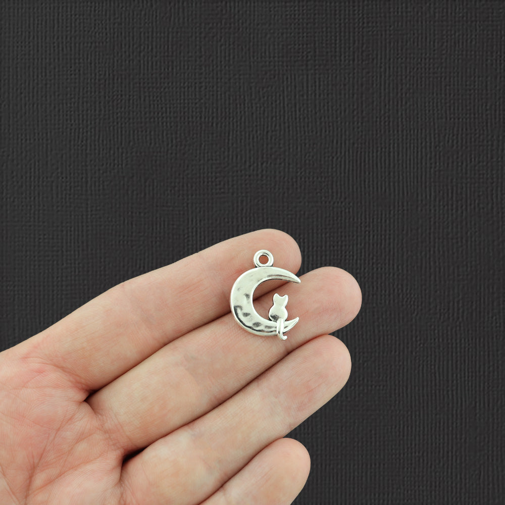 8 Cat Moon Antique Silver Tone Charms 2 Sided - SC1467