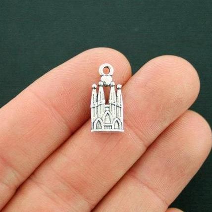 8 Church Antique Silver Tone Charms 2 Sided - SC6767