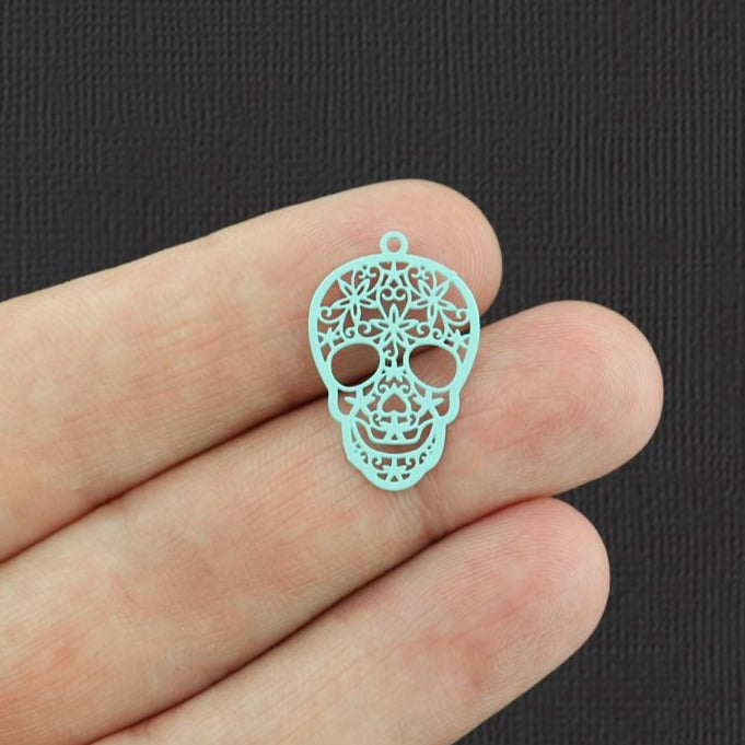 8 Filigree Skull Turquoise Enamel Stainless Steel Charms 2 Sided - SSP221