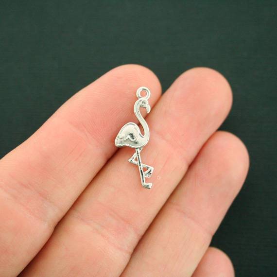 8 Flamingo Antique Silver Tone Charms 2 Sided - SC7268