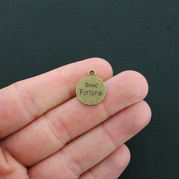 8 Good Fortune Antique Bronze Tone Charms 2 Sided - BC1228