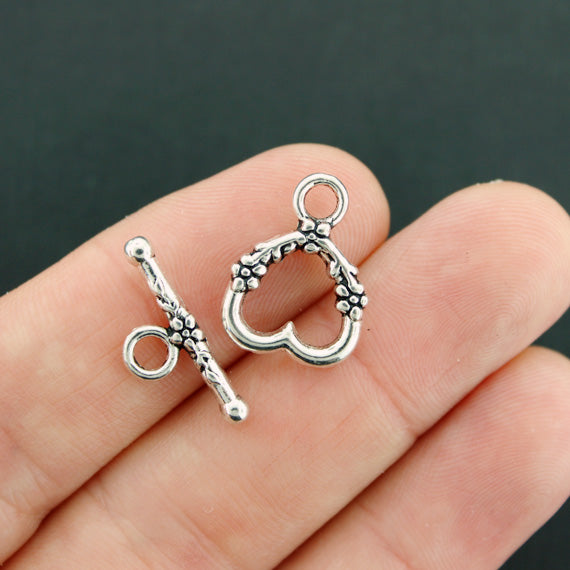 8 Heart Toggle Clasp Antique Silver Tone 2 Sided 2 Piece Set - SC2290