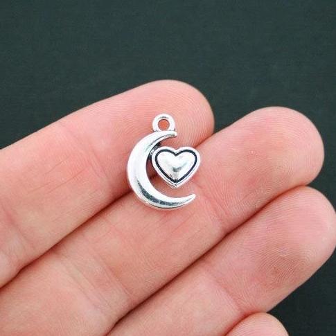 8 Moon Heart Antique Silver Tone Charms - SC4742