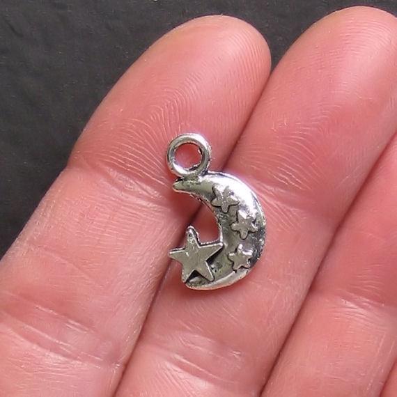 8 Moon and Star Antique Silver Tone Charms 2 Sided - SC324