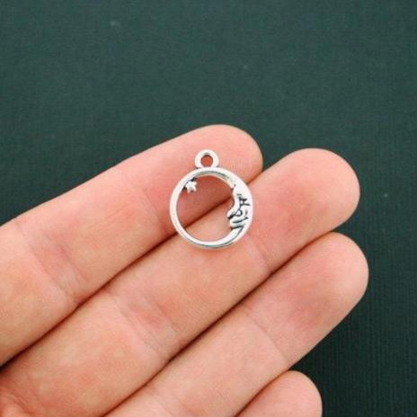 8 Moon and Star Antique Silver Tone Charms 2 Sided - SC5853