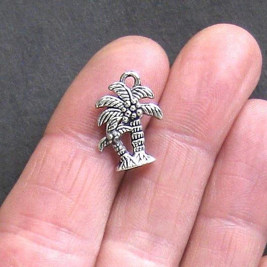 8 Palm Tree Antique Silver Tone Charms 2 Sided - SC384