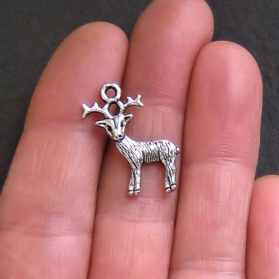 8 Reindeer Antique Silver Tone Charms 2 Sided - XC021