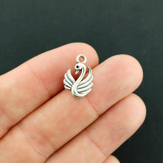 8 Swan Antique Silver Tone Charms 2 Sided - SC7872