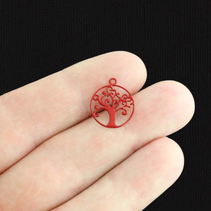 8 breloques en émail rouge arbre de vie 2 faces - E1498