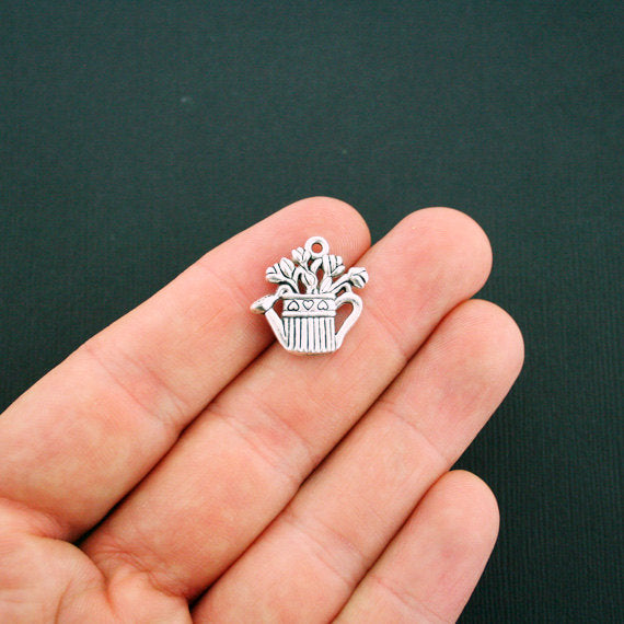 8 Watering Can Antique Silver Tone Charms 2 Sided - SC393