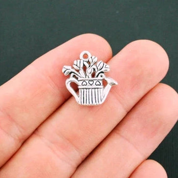 8 Watering Can Antique Silver Tone Charms 2 Sided - SC393