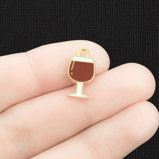 8 Wine Glass Gold Tone Enamel Charms - E1454