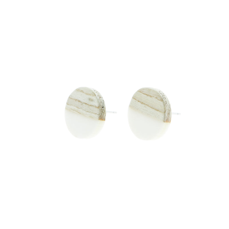 Wood Stainless Steel Earrings - White Resin Round Studs - 15mm - 2 Pieces 1 Pair - ER104