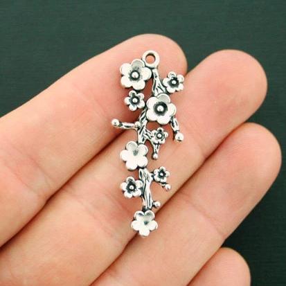5 Flower Branch Antique Silver Tone Charms - SC6331