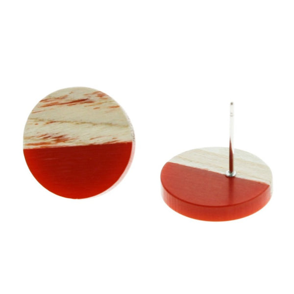 Wood Stainless Steel Earrings - Red Resin Round Studs - 15mm - 2 Pieces 1 Pair - ER101