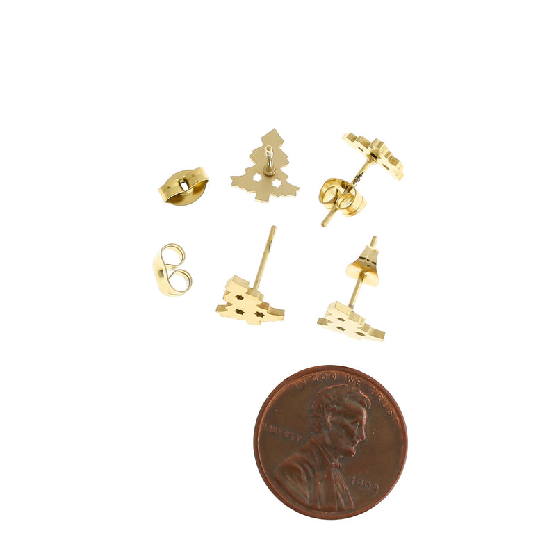 Gold Stainless Steel Earrings - Christmas Tree Studs - 10mm x 9mm - 2 Pieces 1 Pair - ER396
