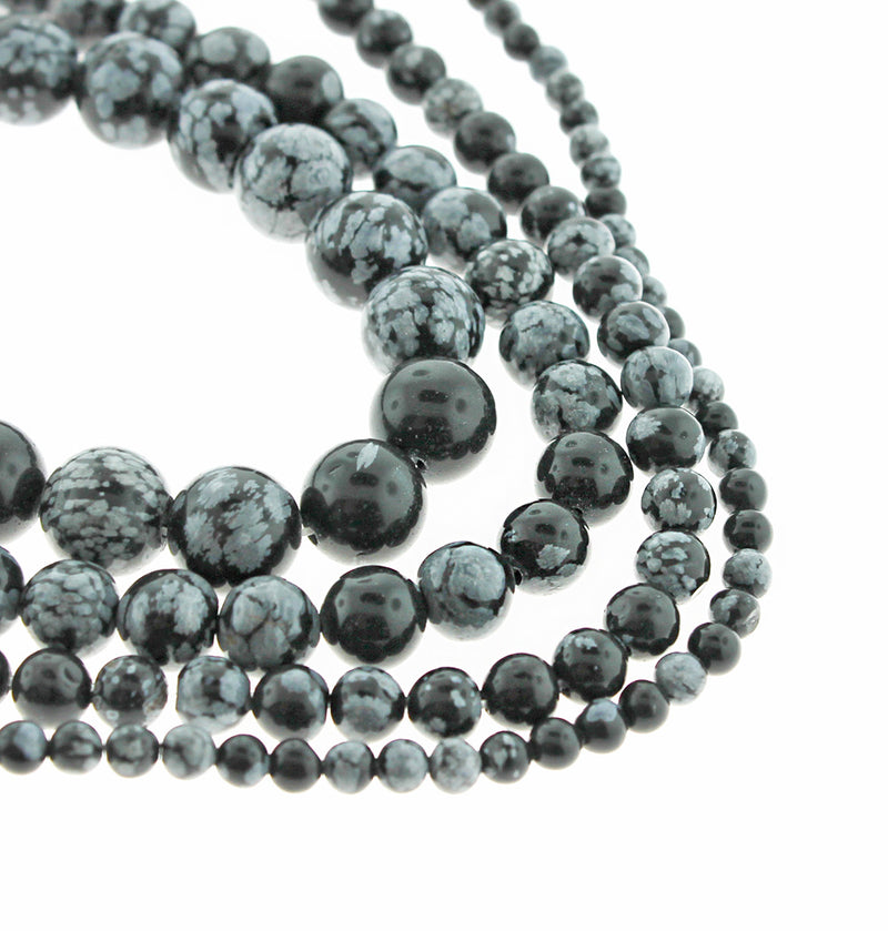 Round Natural Snowflake Obsidian Beads 4mm - 10mm - Choose Your Size - Black and White Marble - 1 Full 15" Strand - BD1855