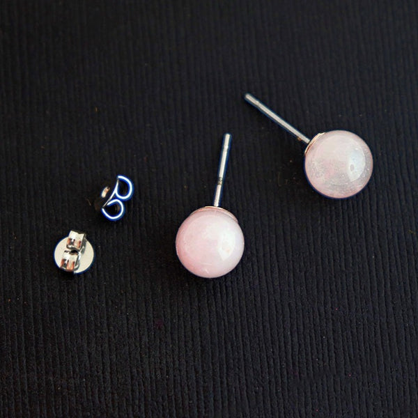 Silver Tone Brass Earrings - Natural Rose Quartz Gemstone Ball Studs - 8mm - 2 Pieces 1 Pair - ER572